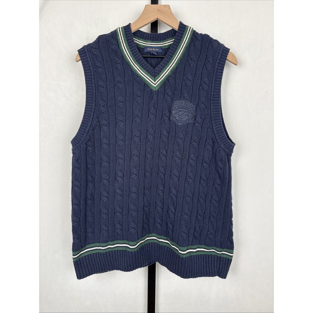 Club Room Sweater Vest Mens Large Cable Knit Navy Blue Cotton Logo Academia Golf